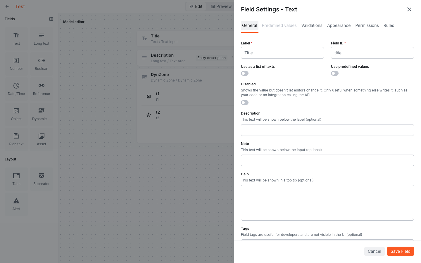 Switches in the field settings dialog, with the label and description above the control